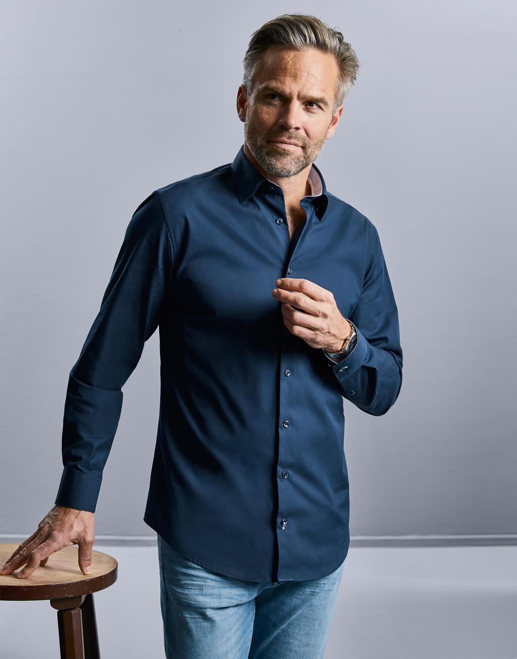 Men's LS Tailored Contrast Ultimate Stretch Shirt in Farbe White/Oxford Blue/Bright Navy
