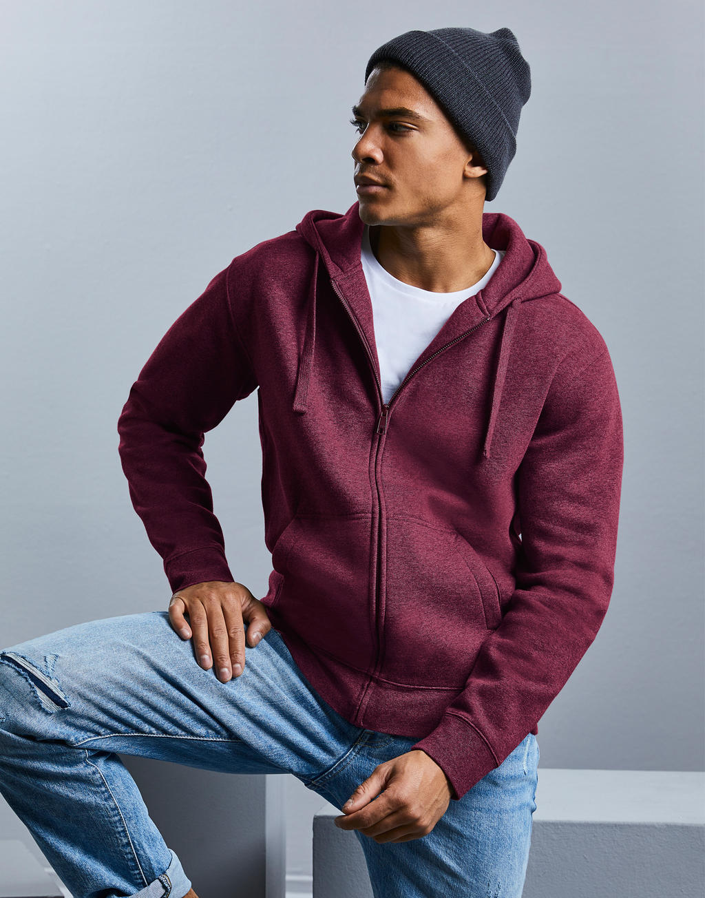 Men's Authentic Melange Zipped Hood Sweat in Farbe Carbon Melange