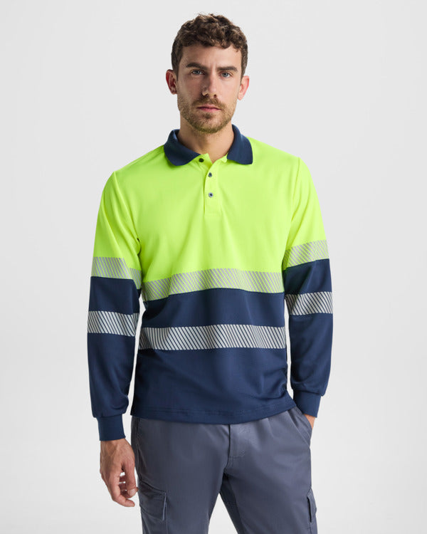 Hochsichtbares Langärmliges Poloshirt Vega in Farbe Navy/Fluor Yellow