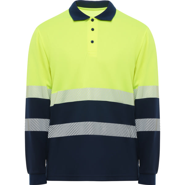 Hochsichtbares Langärmliges Poloshirt Vega in Farbe Navy/Fluor Yellow