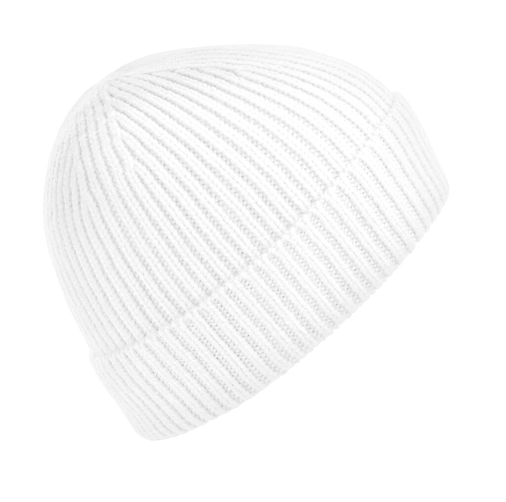  Engineered Knit Ribbed Beanie in Farbe White