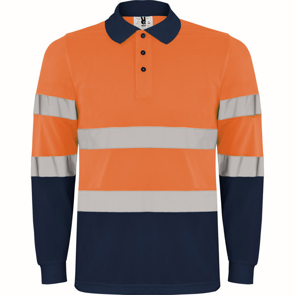 Hochsichtbares Langärmliges Poloshirt Polaris Navy Blue/Fluor Orange in Farbe Navy/Fluor Orange