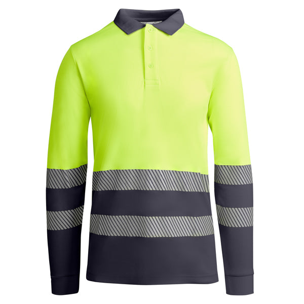 Hochsichtbares Langärmliges Poloshirt Atrio  in Farbe Lead/Fluor Yellow