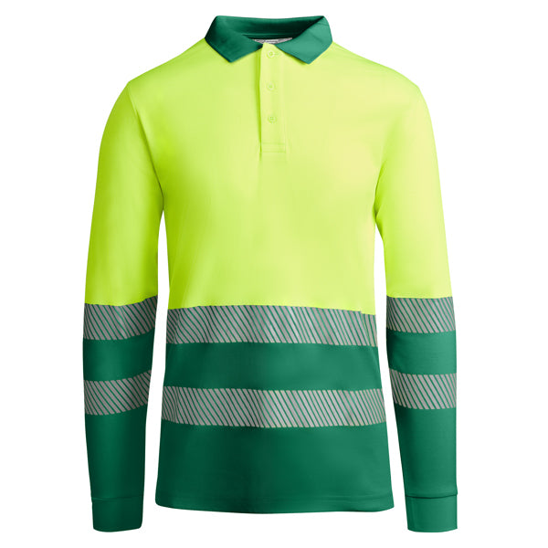 Hochsichtbares Langärmliges Poloshirt Atrio  in Farbe Garden Green/Fluor Yellow