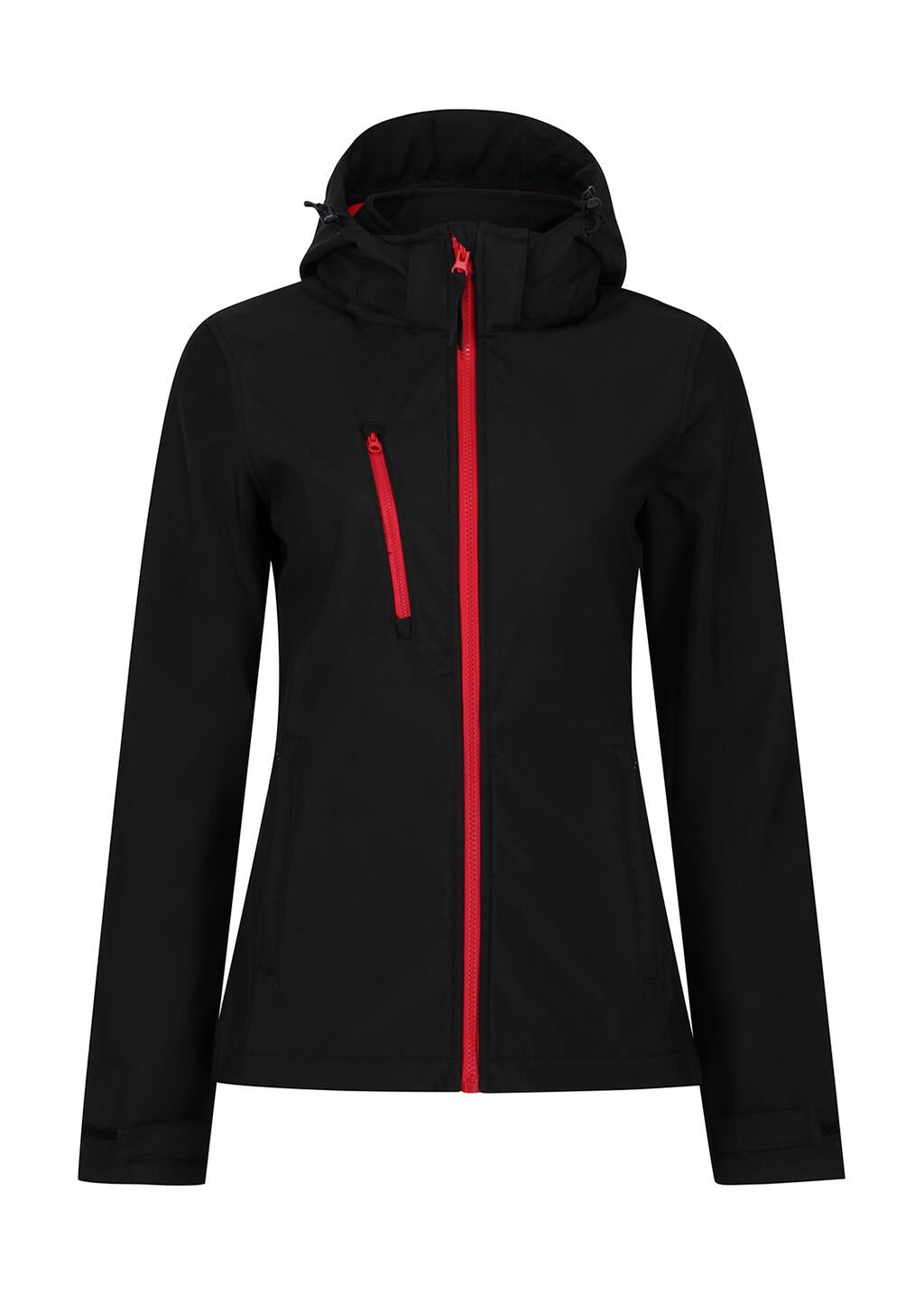  Women's Venturer 3-Layer Hooded Softshell Jacket in Farbe Black/Red